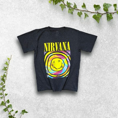 Nirvana T-Shirt Size S XS Fit Grunge Rock Band Tee Smiley Logo Grey Vintage