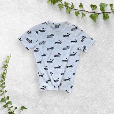 PUMA Men's White Logo Print T-Shirt Size M – All Over Graphic 🐾 Casual Style 🖤