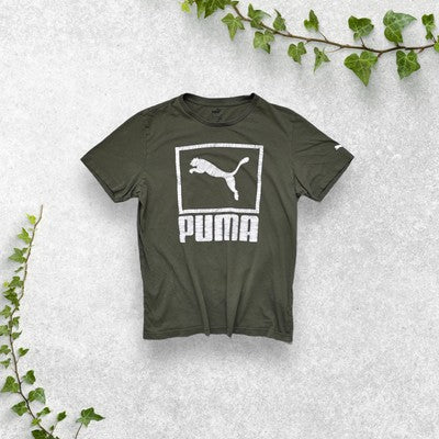 Puma Olive Green Graphic T-Shirt Size M Logo Print Short Sleeve Casual Tee