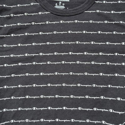 Champion All Over Logo Print T-Shirt Black Crew Neck Size M (18” P2P)