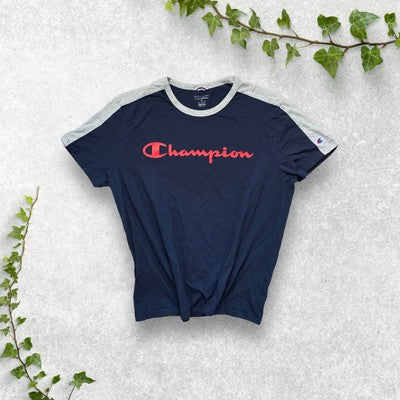 Champion Navy T-Shirt – XL – Red Script Logo – Grey Trim