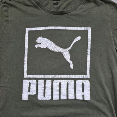 Puma Olive Green Graphic T-Shirt Size M Logo Print Short Sleeve Casual Tee