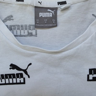 PUMA Men's White Logo Print T-Shirt Size M β All Over Graphic πΎ Casual Style π€