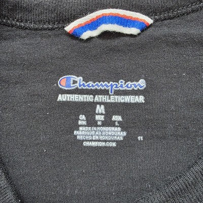 Champion All Over Logo Print T-Shirt Black Crew Neck Size M (18” P2P)