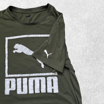 Puma Olive Green Graphic T-Shirt Size M Logo Print Short Sleeve Casual Tee