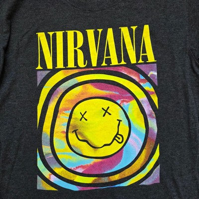 Nirvana T-Shirt Size S XS Fit Grunge Rock Band Tee Smiley Logo Grey Vintage