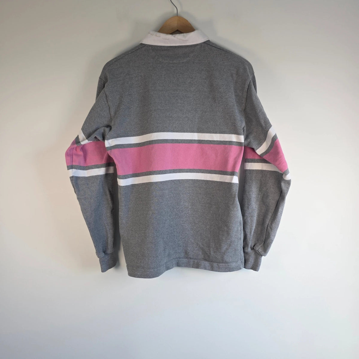 Barbarian Rugby Wear grey and pink rugby polo with Dalhousie University logo, 100% cotton.