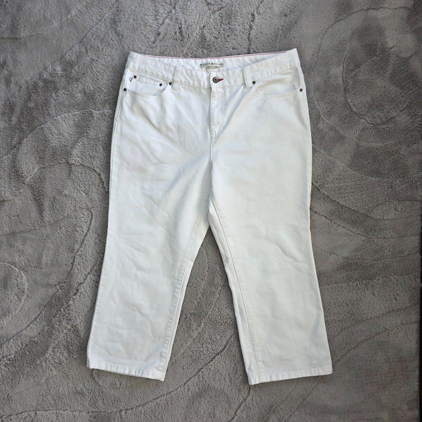 Tommy Hilfiger Y2K Cropped White Jeans Women's US 16 UK 20 Embroidered Flower