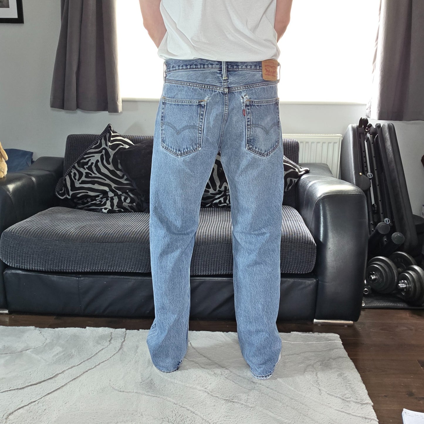 Levi's 505 Straight Fit Jeans W36 L34 Stonewashed Blue Distressed Denim