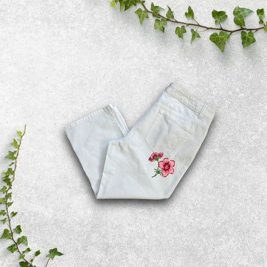 Tommy Hilfiger Y2K Cropped White Jeans Women's US 16 UK 20 Embroidered Flower