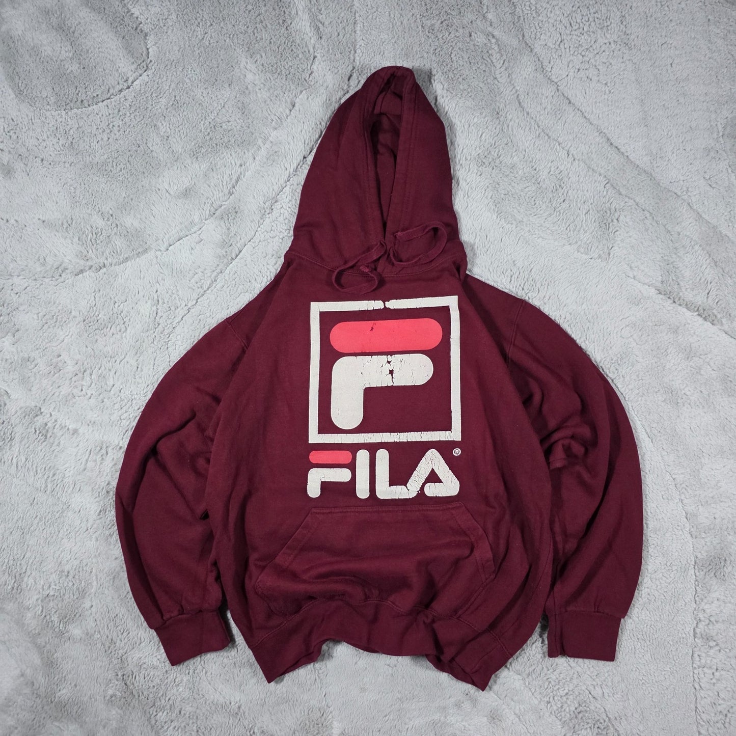 Fila Men’s Burgundy Hoodie Relaxed Fit Large Logo Pullover Cracked Print LB49
