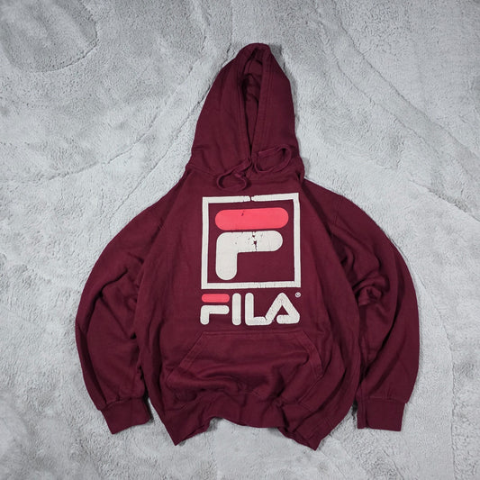 Fila Men’s Burgundy Hoodie Relaxed Fit Large Logo Pullover Cracked Print LB49