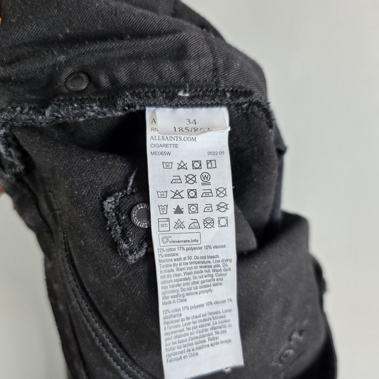 AllSaints Men’s Skinny Jeans W35 L32 Black Cigarette Fit Stretch Denim