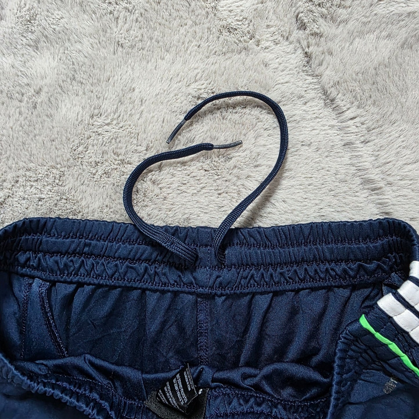 Adidas Youth XL Sports Shorts Navy Green Trim W26 Mesh Stripe Lightweight