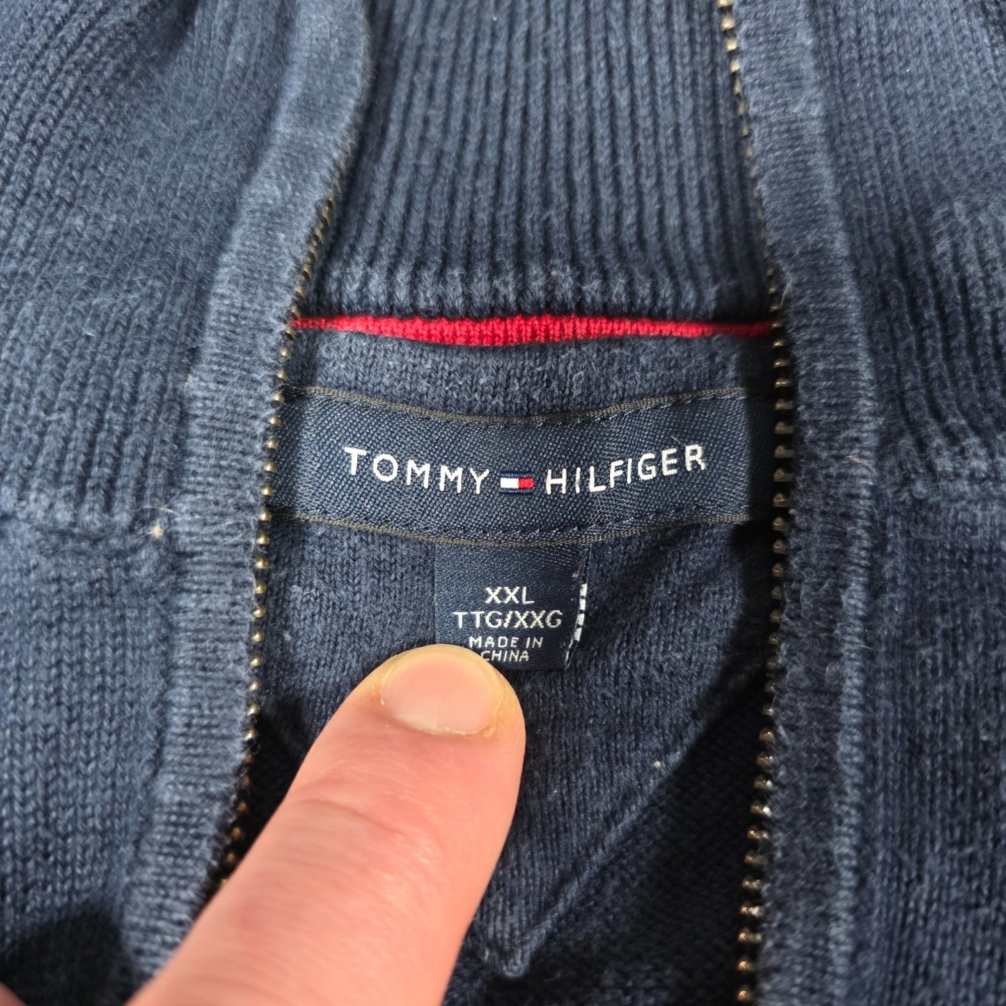 Tommy Hilfiger Quarter Zip Sweatshirt Navy White Red XXL Cotton Pullover Jumper