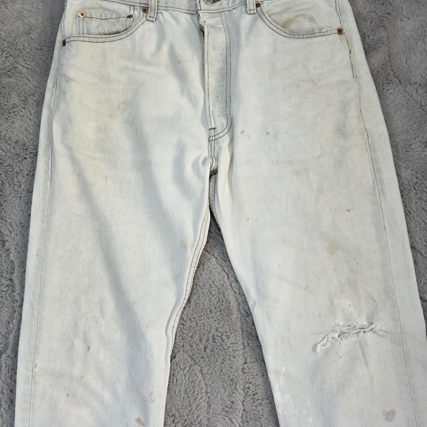 Levi’s 501 Jeans White Made in USA Vintage W34 L32 Distressed Stained Denim
