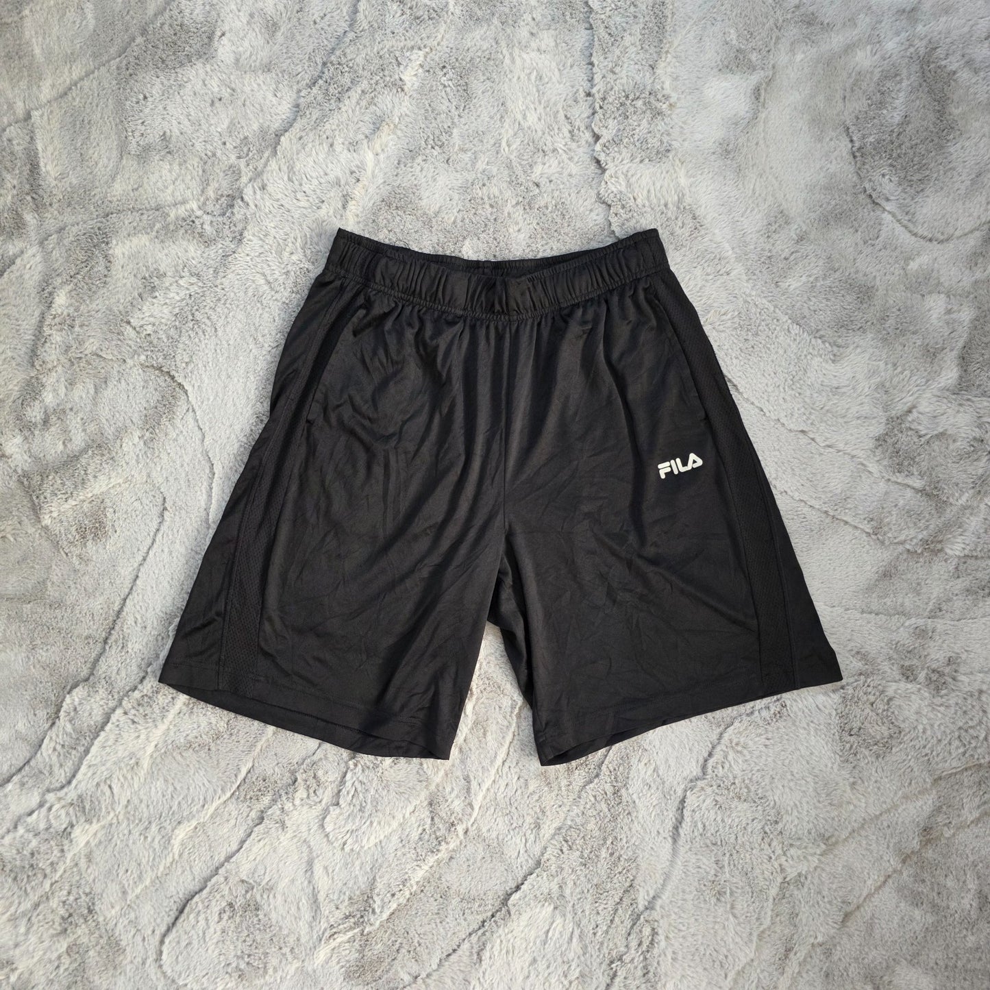 Fila Black Sports Shorts Size M W28 Made in Vietnam Mesh Panel Gymwear