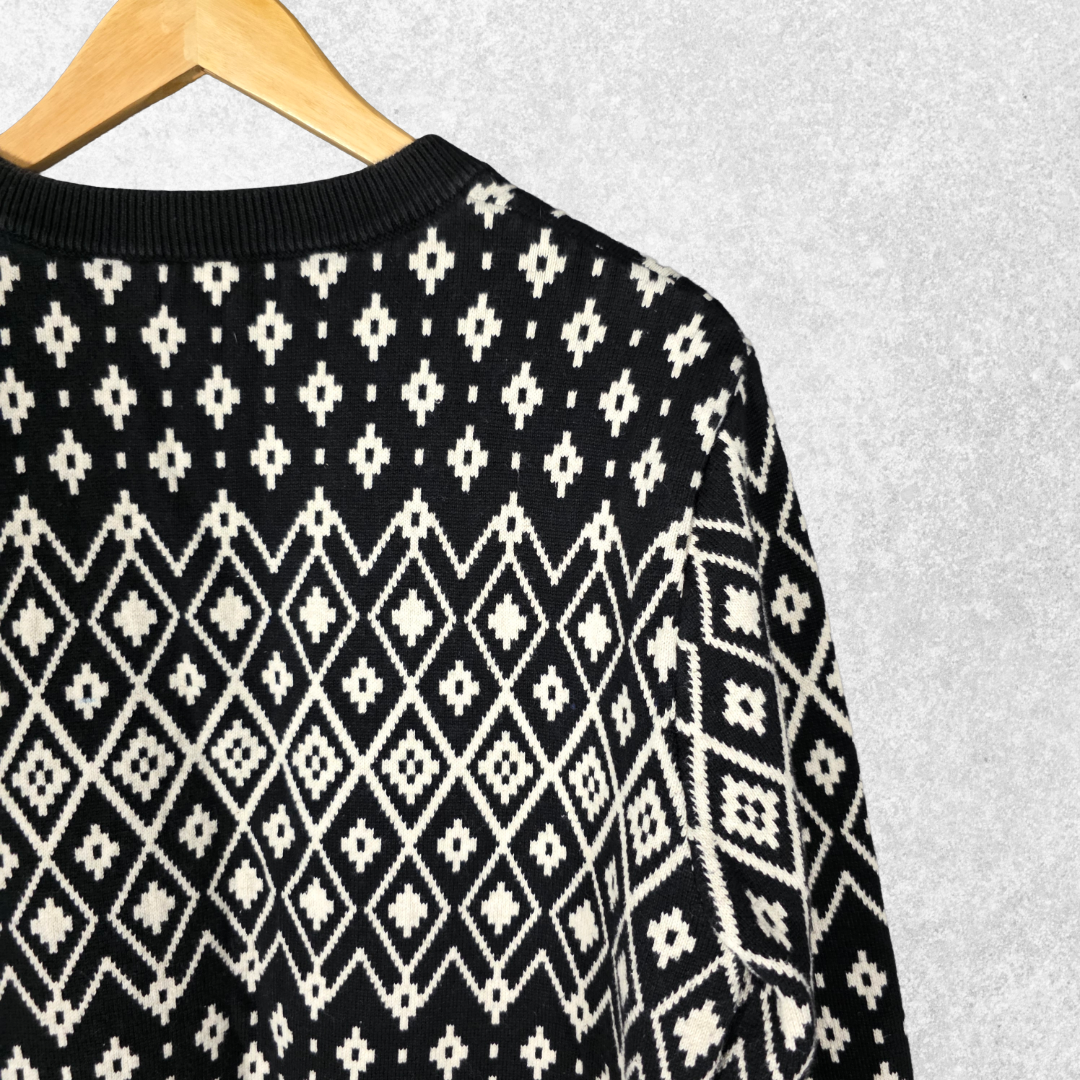 Nautica Geometric Knit Jumper Mens M Black Cream Cotton Crew Neck Pullover