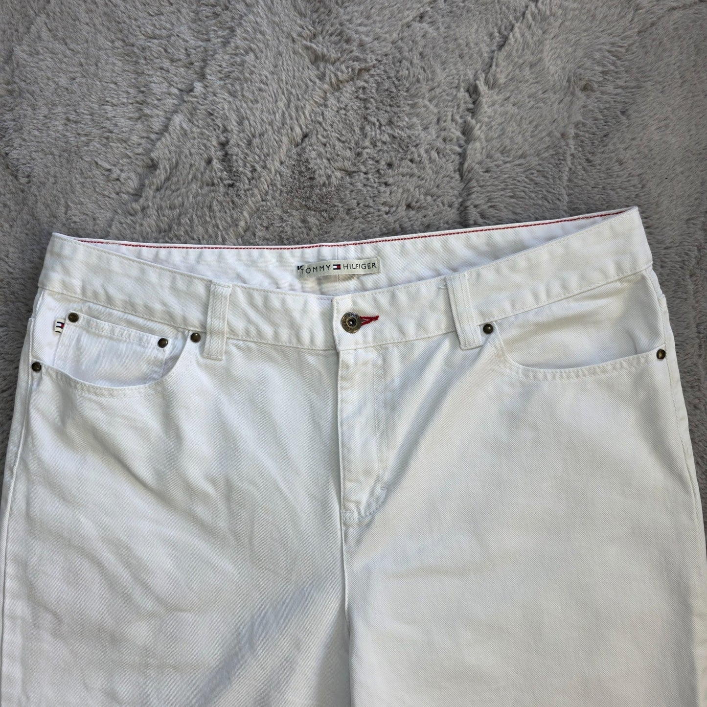 Tommy Hilfiger Y2K Cropped White Jeans Women's US 16 UK 20 Embroidered Flower