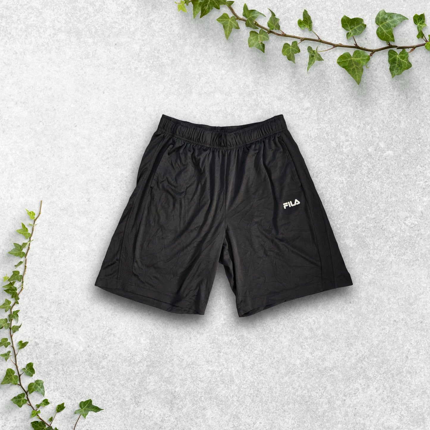 Fila Black Sports Shorts Size M W28 Made in Vietnam Mesh Panel Gymwear