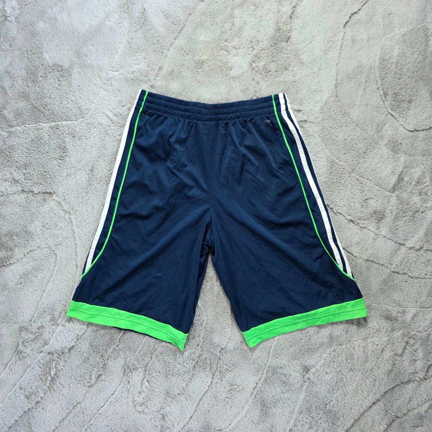 Adidas Youth XL Sports Shorts Navy Green Trim W26 Mesh Stripe Lightweight