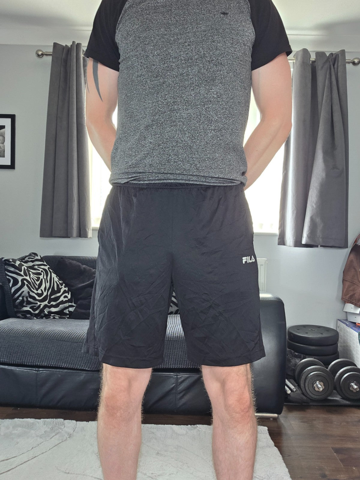 Fila Black Sports Shorts Size M W28 Made in Vietnam Mesh Panel Gymwear