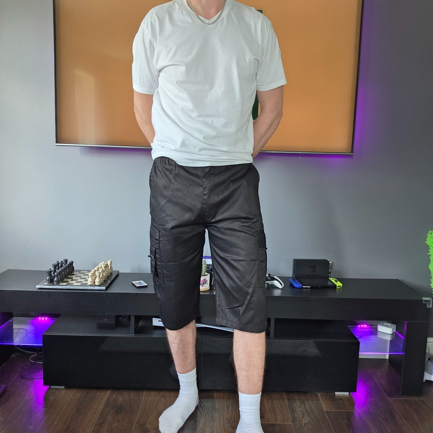 Amir Men’s Black Cargo Shorts Elasticated Waist W32 Long Inseam 14” L26
