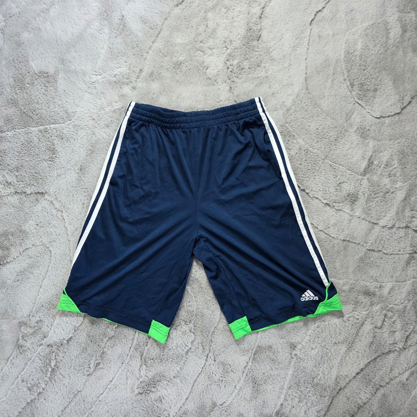 Adidas Youth XL Sports Shorts Navy Green Trim W26 Mesh Stripe Lightweight