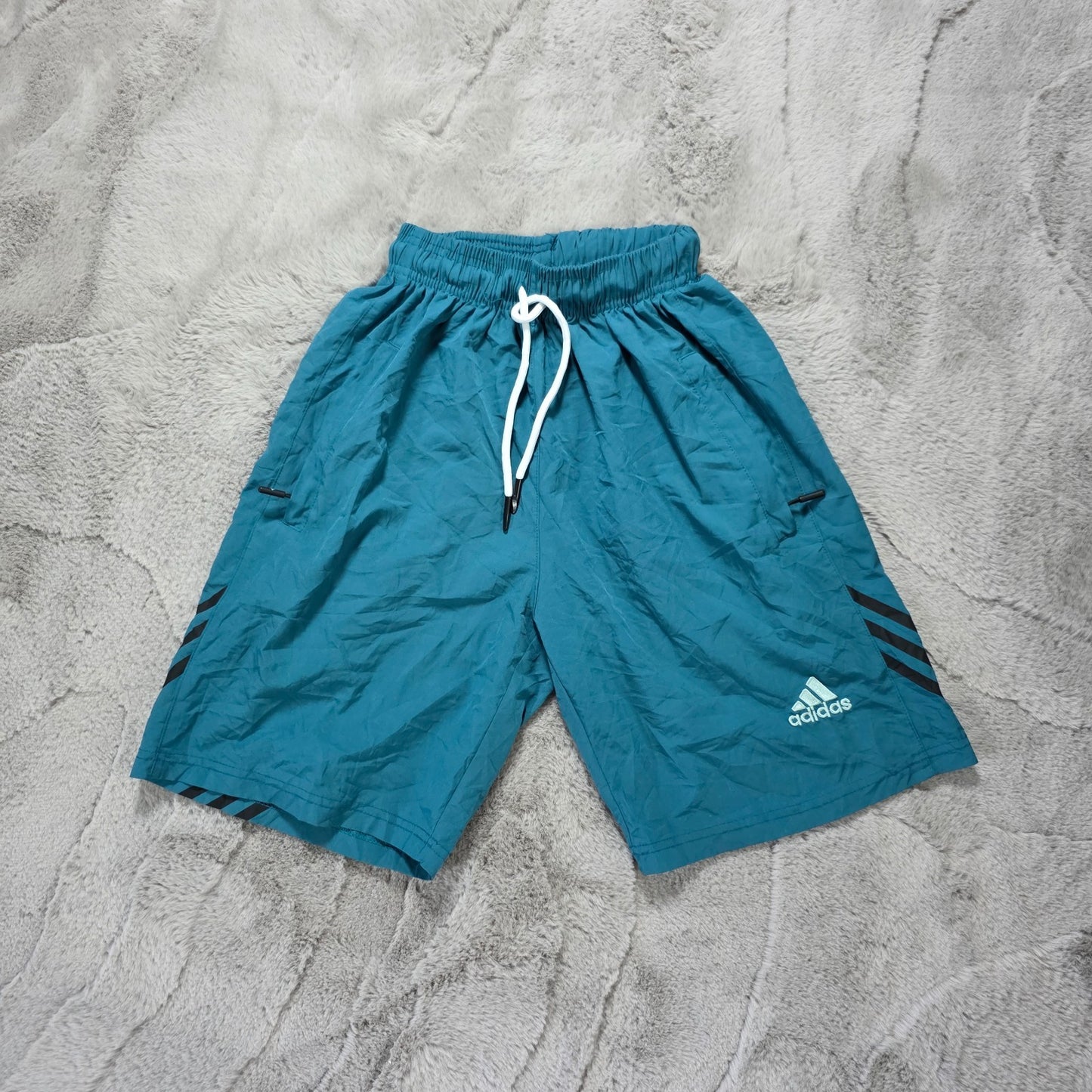 Adidas Teal Sports Shorts W20 Small Fit Zip Pockets 3-Stripes Tagged M