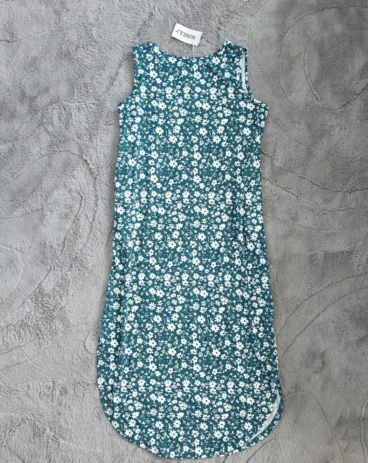 Auselily Maxi Dress Women’s Green White Sleeveless Summer Size L NWT