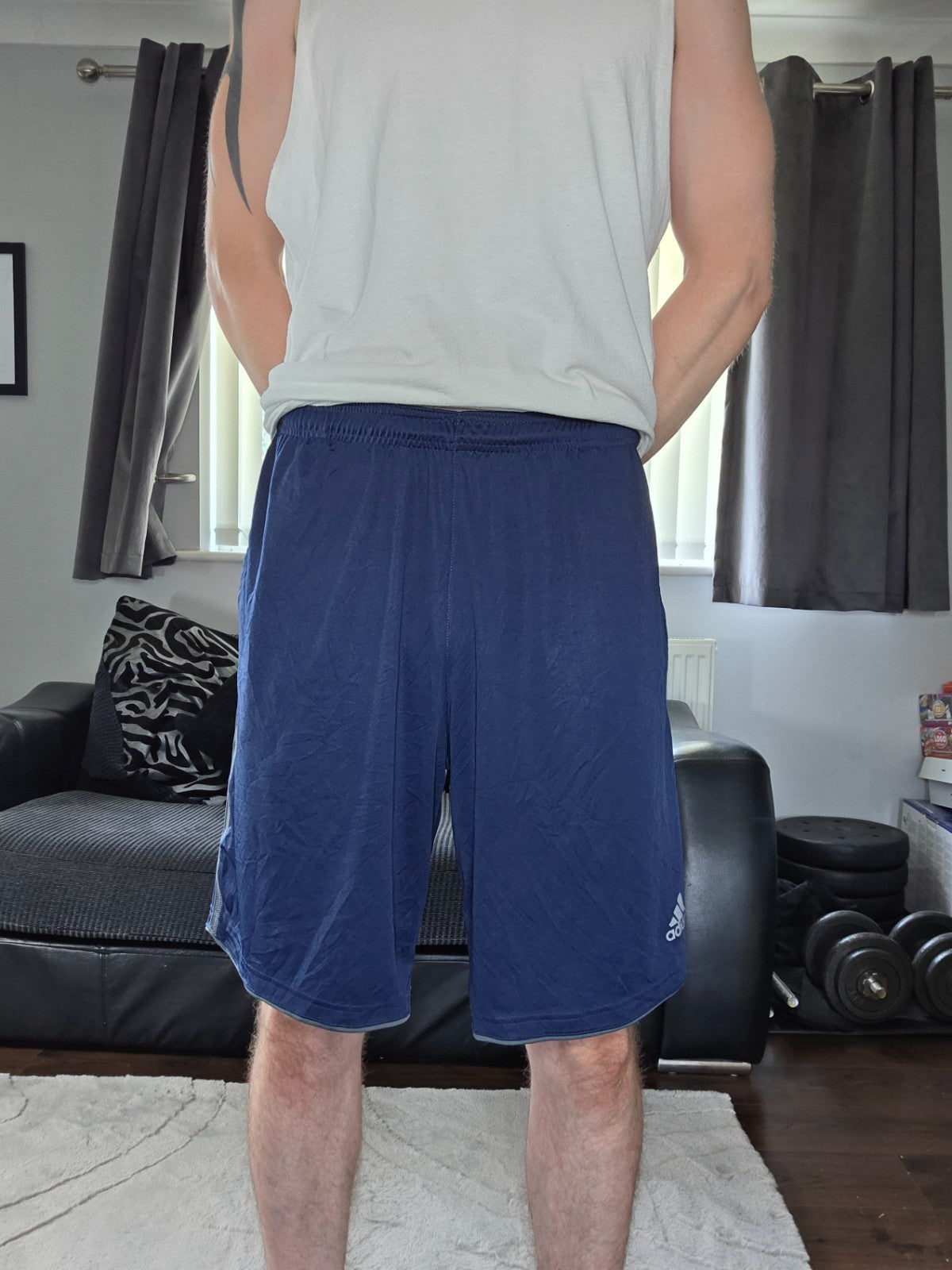 Adidas Climalite Navy Blue Sports Shorts XL W32 Gym Training Zip Detail