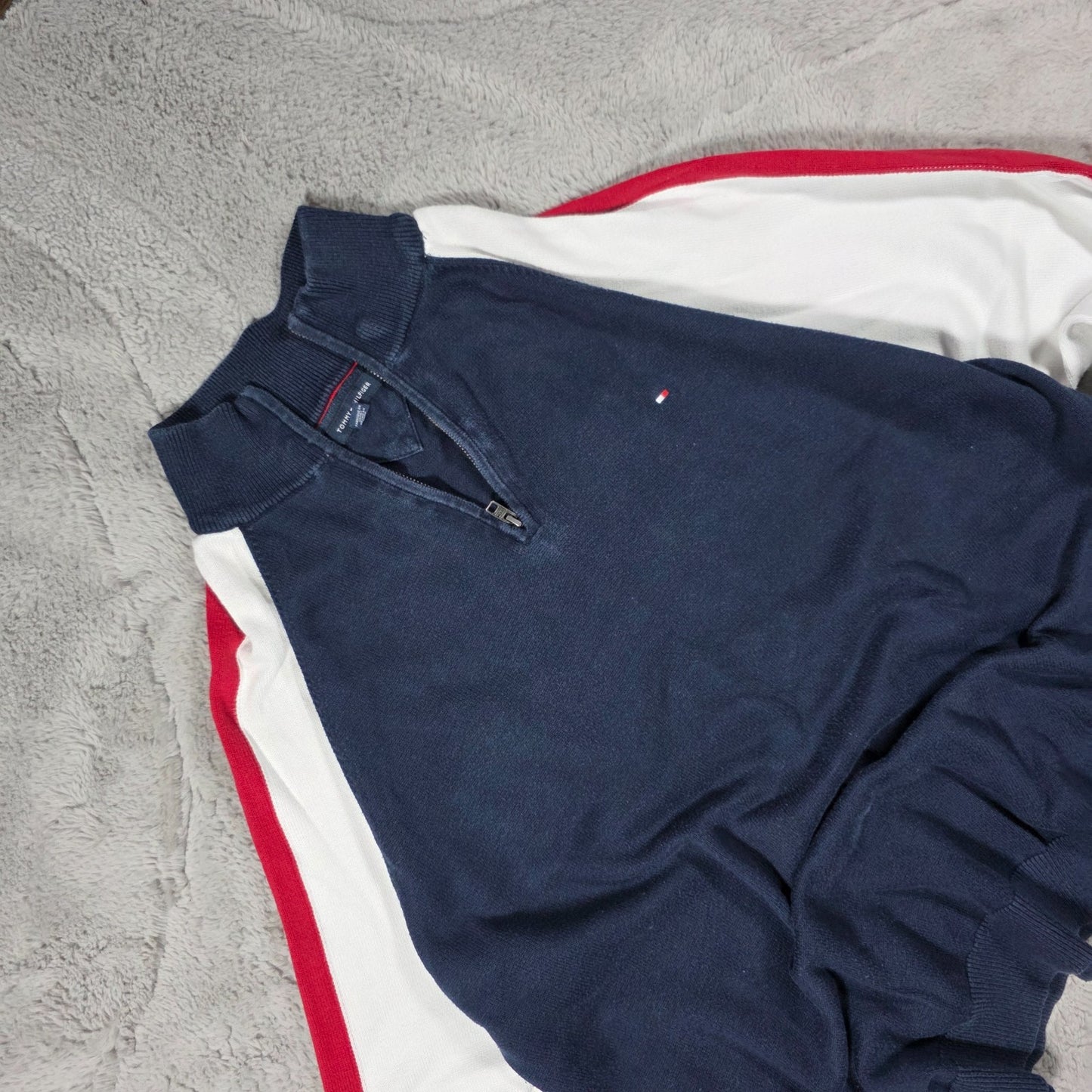 Tommy Hilfiger Quarter Zip Sweatshirt Navy White Red XXL Cotton Pullover Jumper