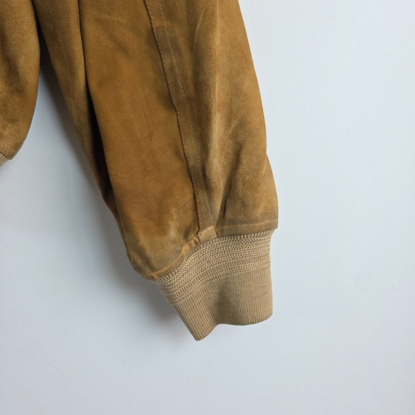Vintage Suede Bomber Jacket Beige Mens L EU 50 Leather Classic Ribbed