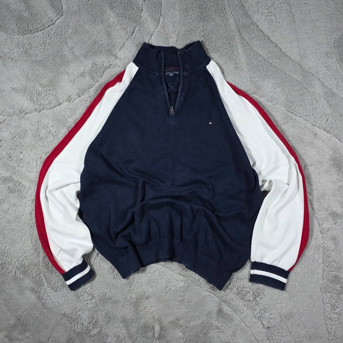 Tommy Hilfiger Quarter Zip Sweatshirt Navy White Red XXL Cotton Pullover Jumper