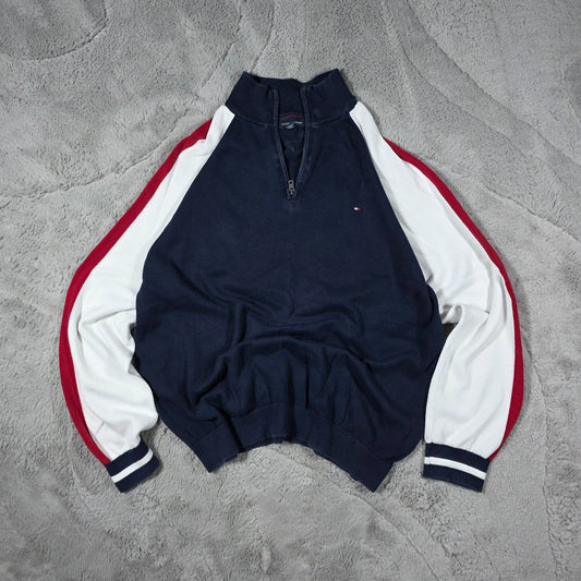 Tommy Hilfiger Quarter Zip Sweatshirt Navy White Red XXL Cotton Pullover Jumper
