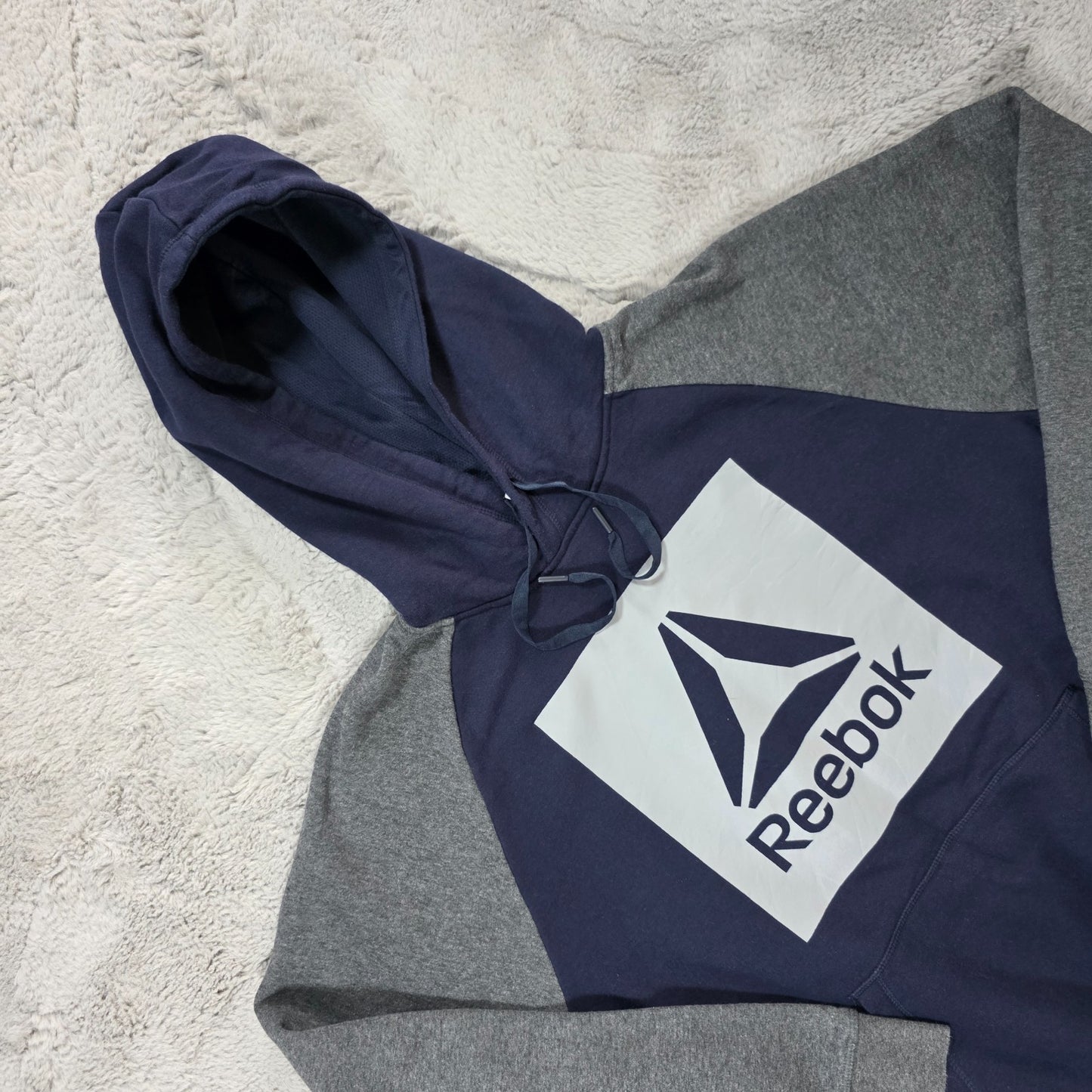 Reebok Hoodie Navy & Grey L β Large Vector Logo Pullover Sweatshirt