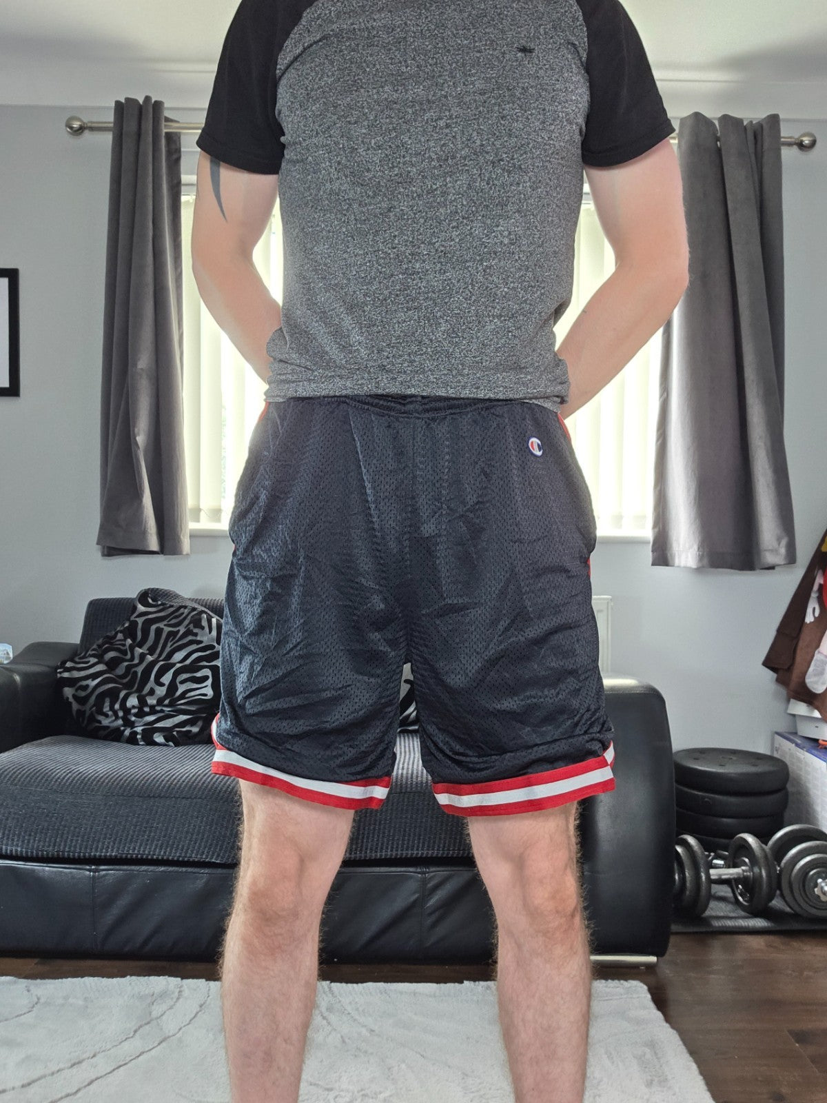 Champion Black Mesh Shorts Red Trim Men’s W40 Vintage Retro Basketball Style