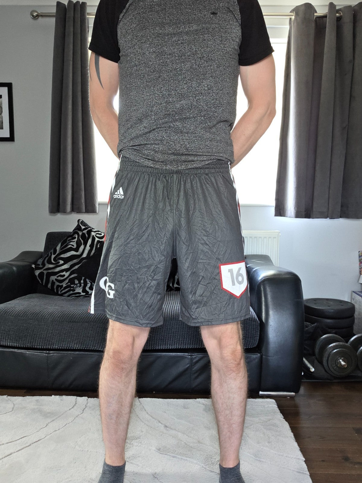 Adidas Player Issue Style Shorts W28 Grey Red White Trim Drawstring Size L 16 CG