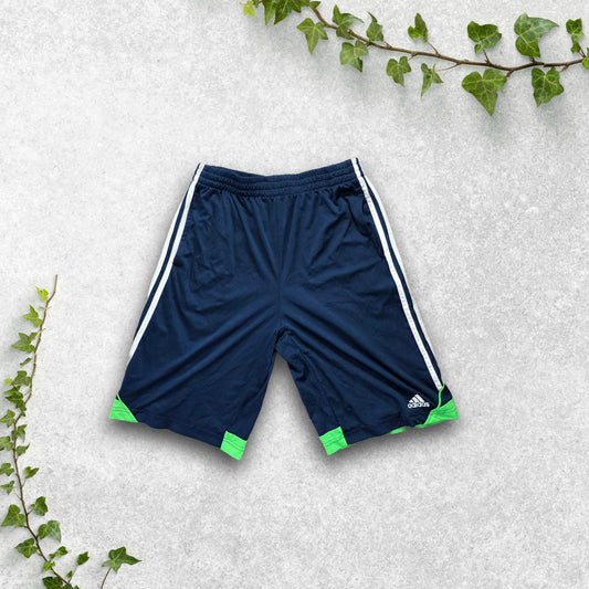 Adidas Youth XL Sports Shorts Navy Green Trim W26 Mesh Stripe Lightweight