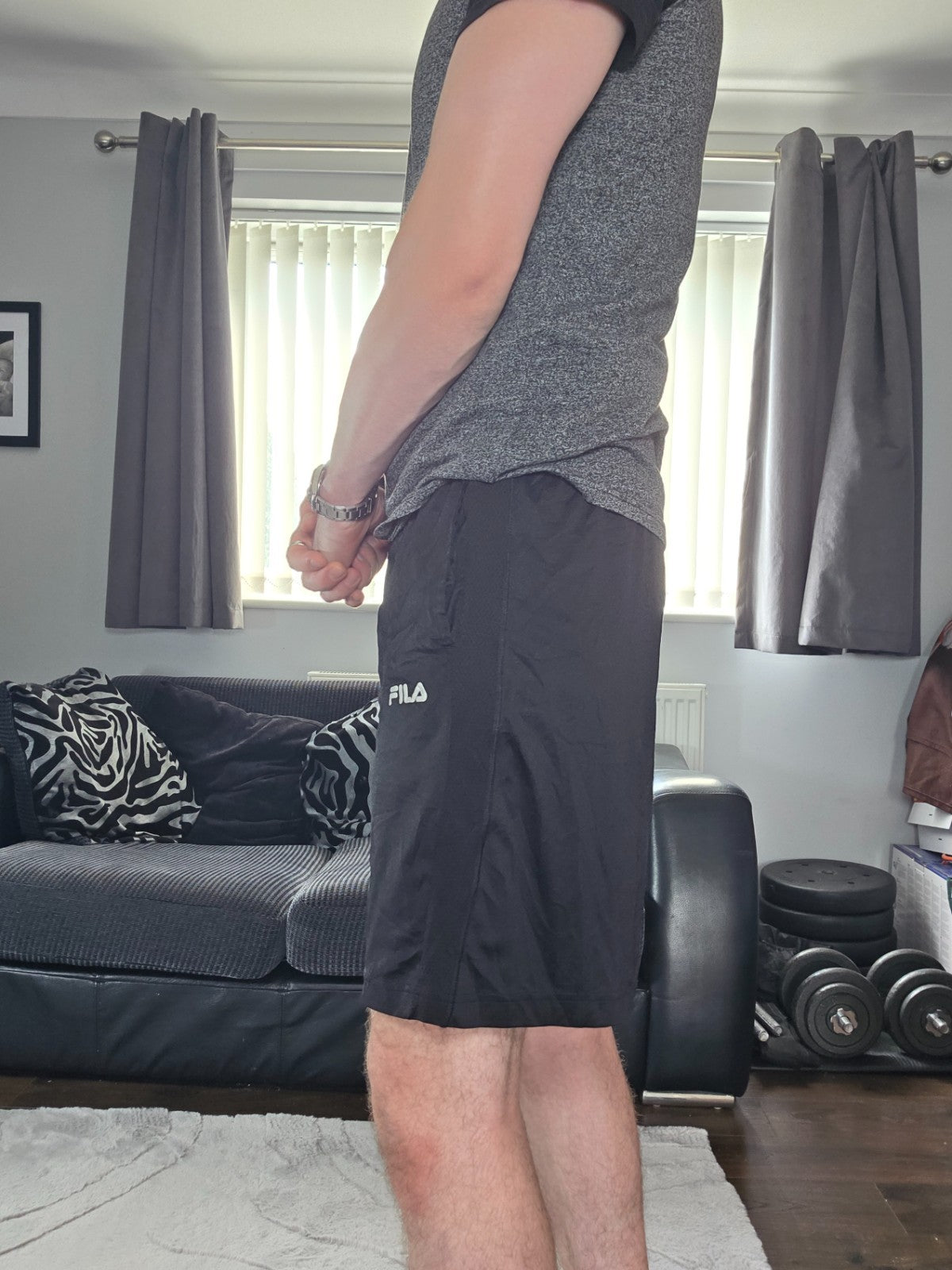 Fila Black Sports Shorts Size M W28 Made in Vietnam Mesh Panel Gymwear
