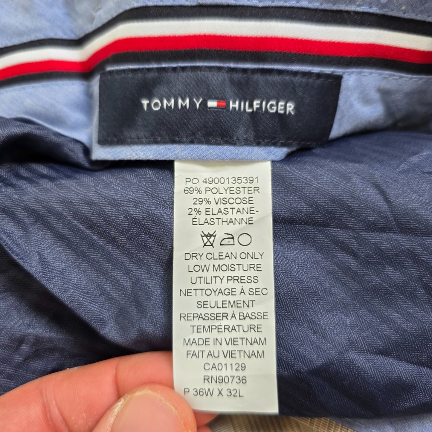 Tommy Hilfiger Men’s Check Smart Trousers W36 L30 Beige Slim Tailored Office