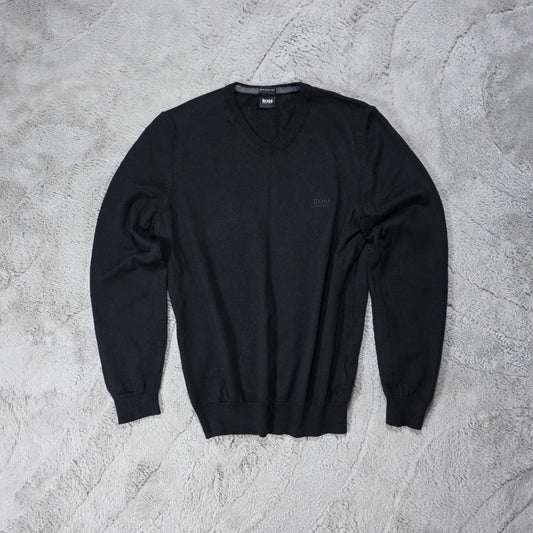 Hugo Boss Black V-Neck Jumper Finest Italian Yarn Size L (Fits Small)