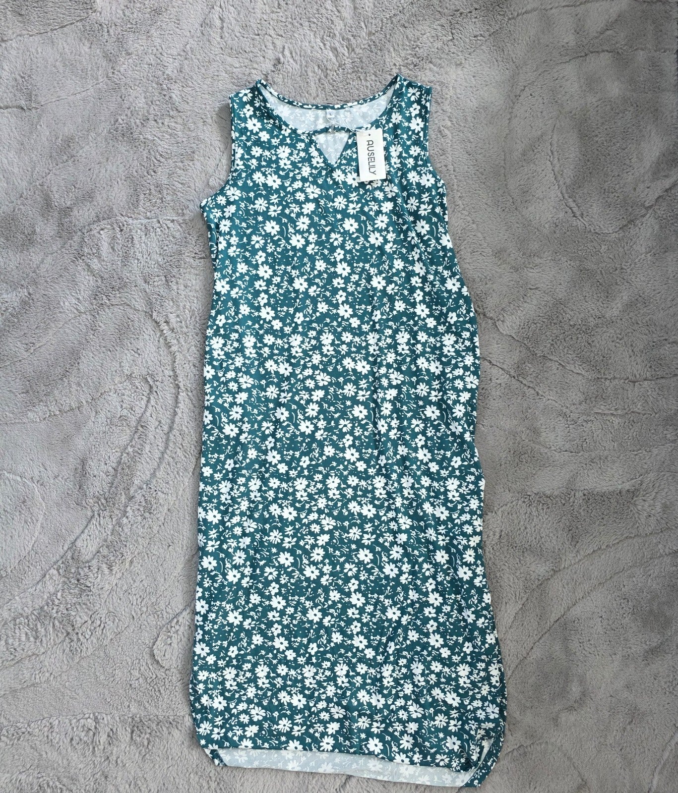 Auselily Maxi Dress Women’s Green White Sleeveless Summer Size L NWT
