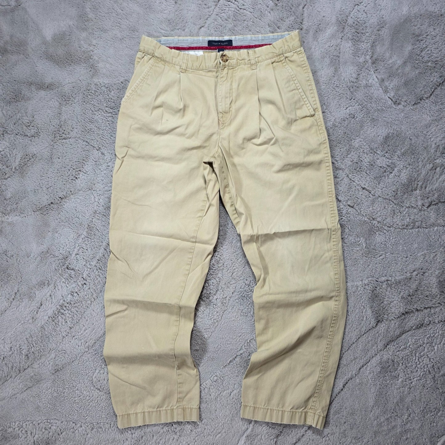 Tommy Hilfiger Beige Chino Trousers W33 L32 100% Cotton Bangladesh Pleated