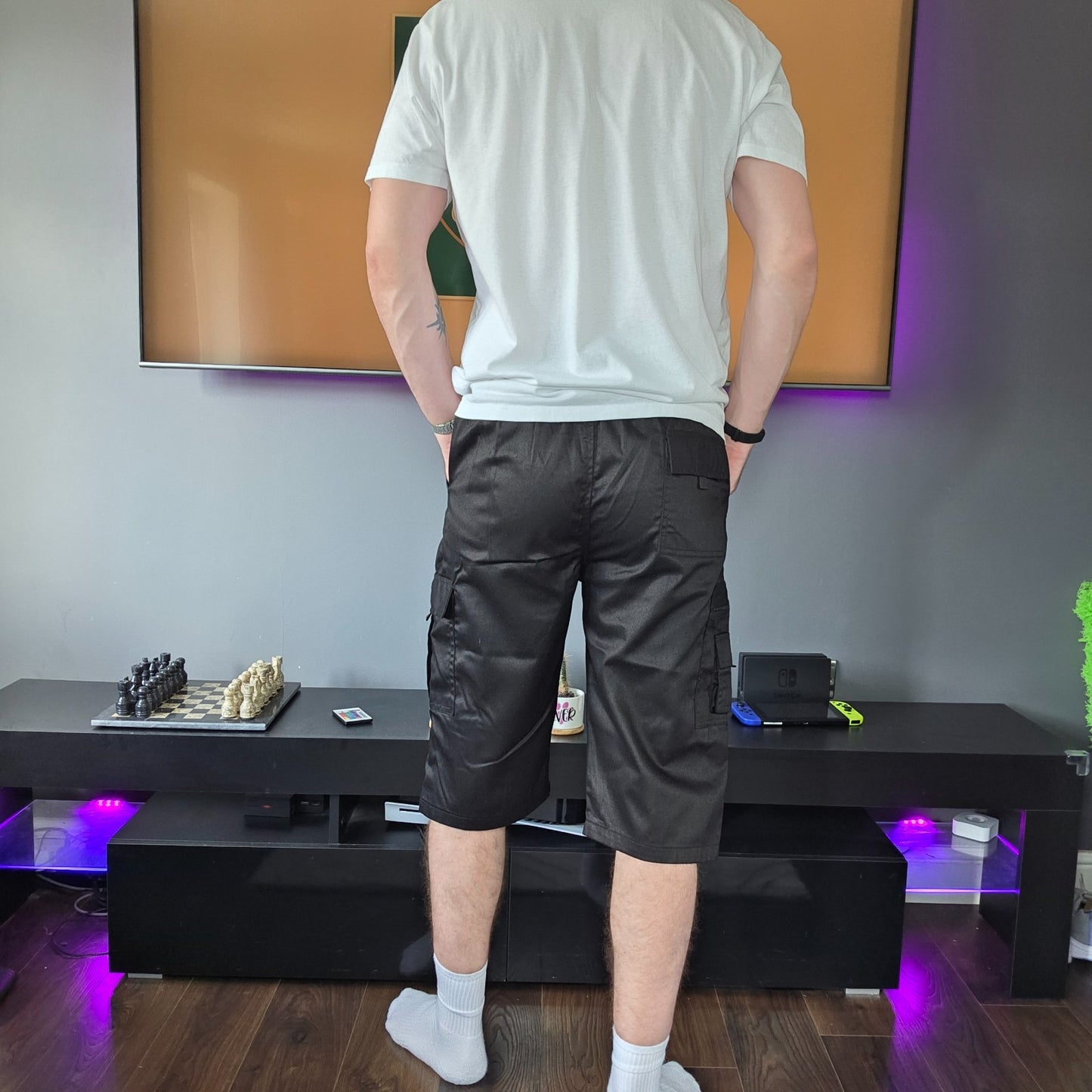 Amir Men’s Black Cargo Shorts Elasticated Waist W32 Long Inseam 14” L26