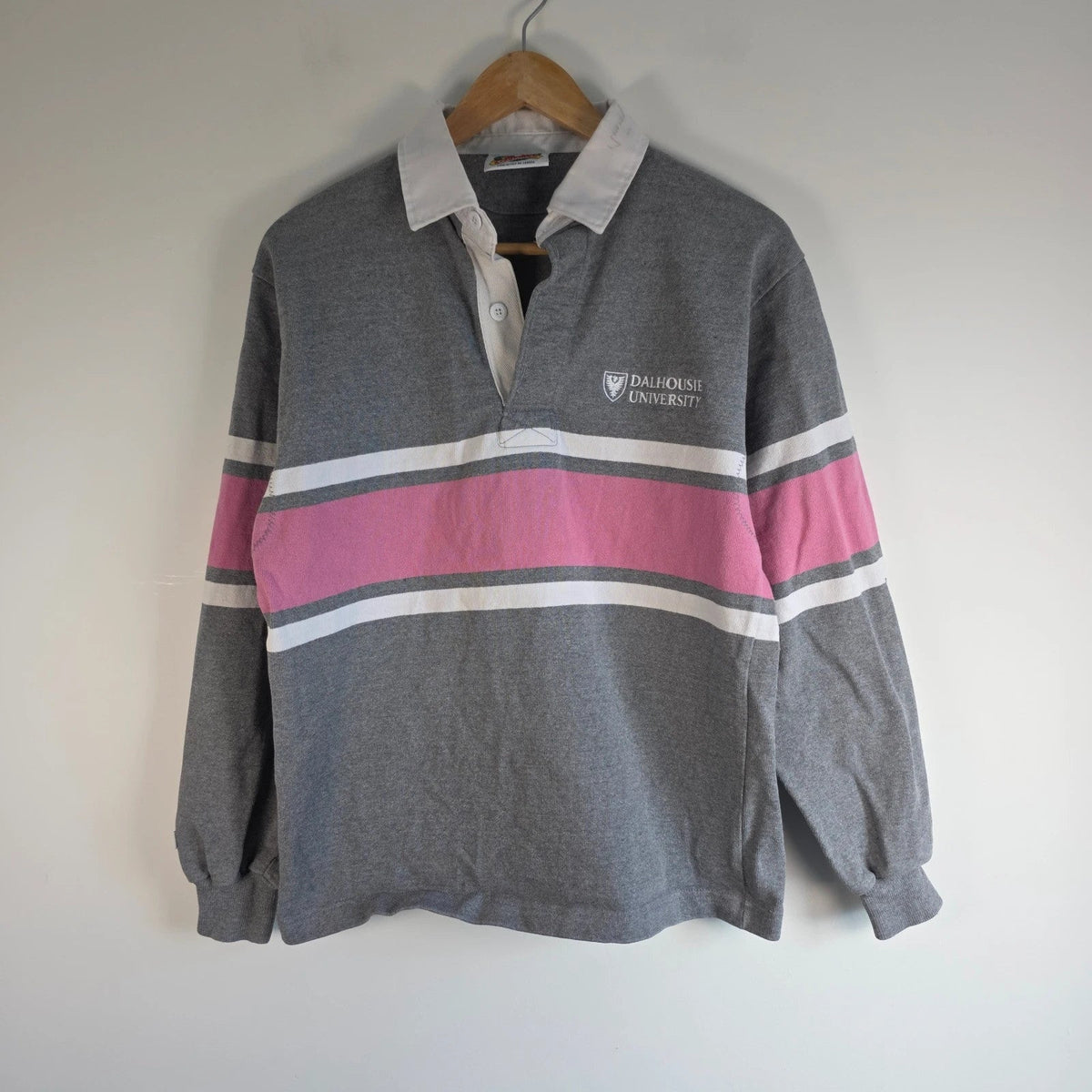 Barbarian Rugby Wear grey and pink rugby polo with Dalhousie University logo, 100% cotton.
