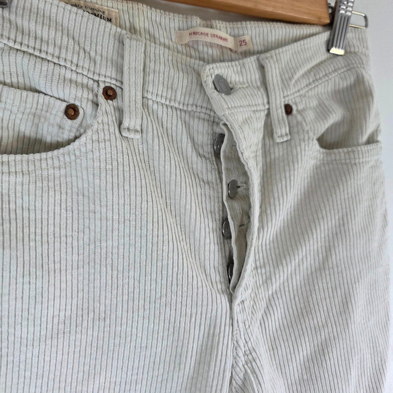 Levi's Ribcage Straight Corduroy Trousers Women's W25 L27 White Cream High Rise