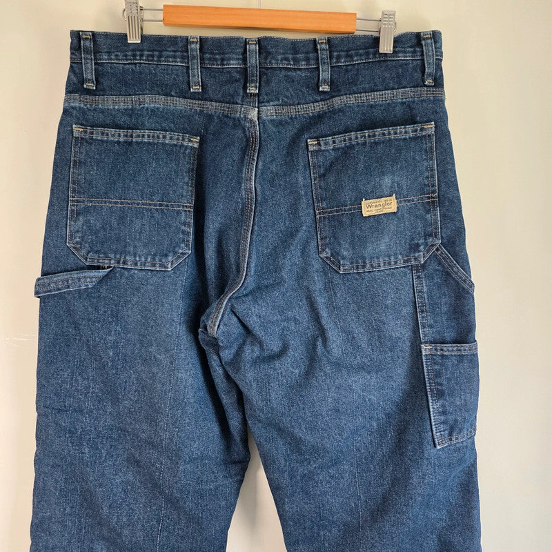 Wrangler Carpenter Jeans W36 L32 Blue Fleece Lined Workwear Utility Denim Pants Made In Mexico