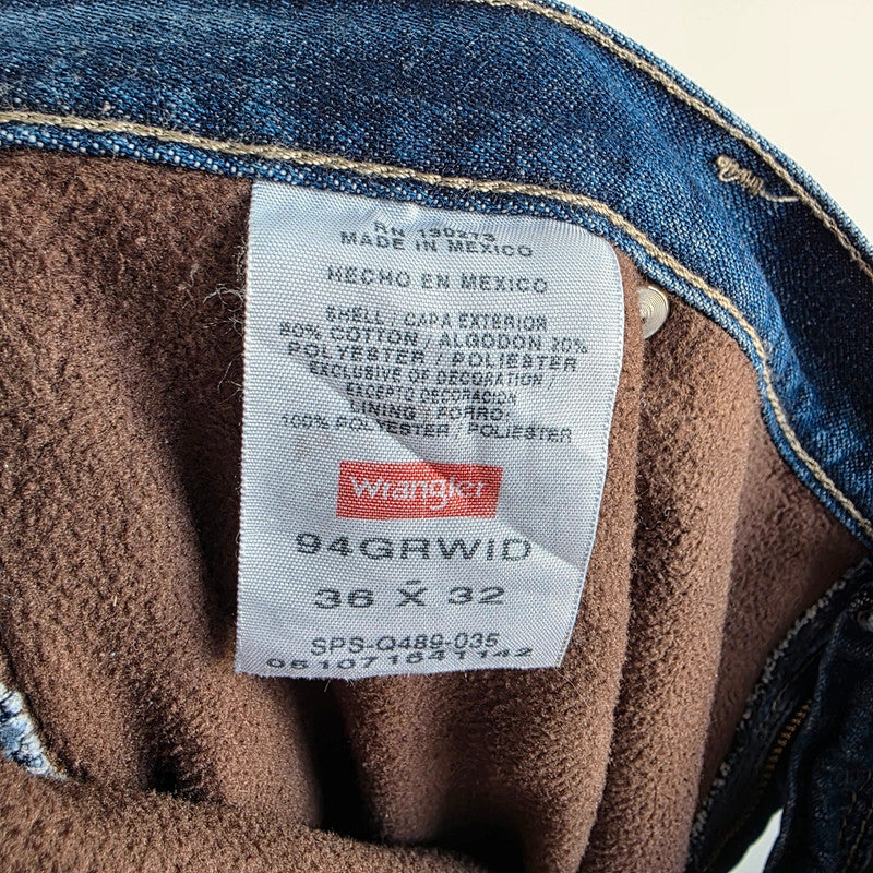Wrangler Carpenter Jeans W36 L32 Blue Fleece Lined Workwear Utility Denim Pants Made In Mexico