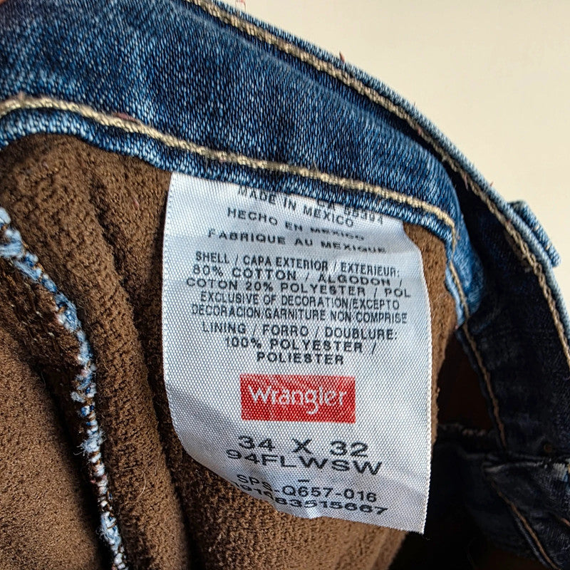 Wrangler Carpenter Jeans W35 L32 Blue Fleece Lined Workwear Utility Denim Pants Made In Mexico